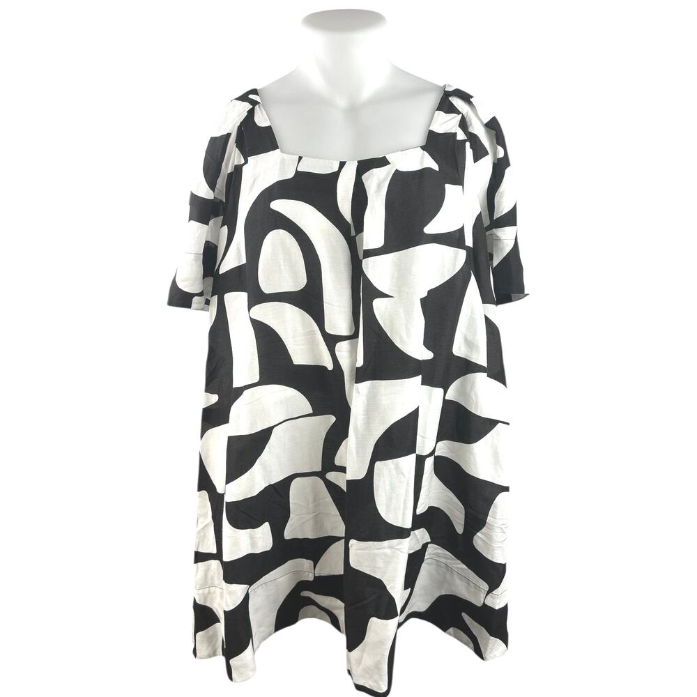 Country Road Black White Linen Abstract Short Sleeve Mini Shift Dress Size 12